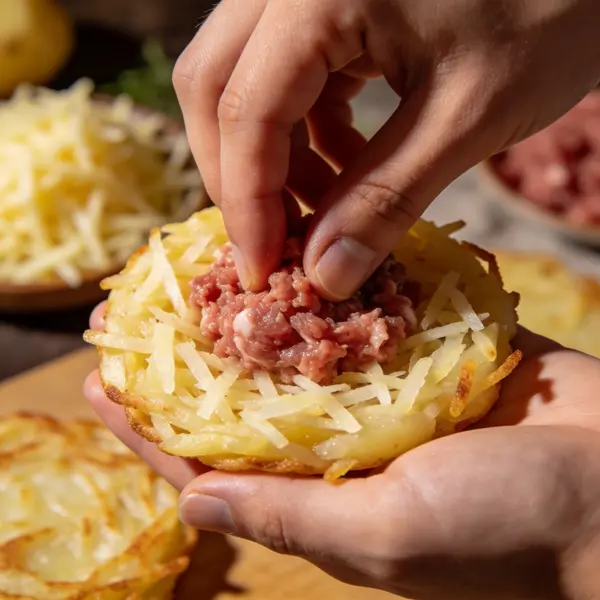 Руки формируют дерун с мясной начинкой