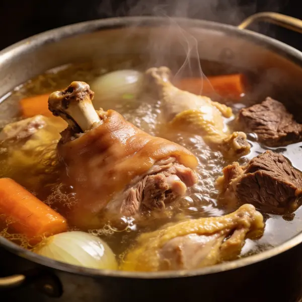 Крупный план кастрюли с кипящим мясным бульоном для холодца, с мясом и овощами